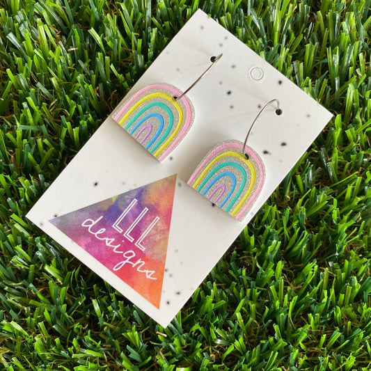 Rainbow Earrings - Glitter Rainbow Hoop Earrings - Adorable Silver Glitter Hand Painted Rainbow Hoop Earrings - In the Pastel Colour Way.