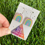 Rainbow Earrings - Glitter Rainbow Hoop Earrings - Adorable Silver Glitter Hand Painted Rainbow Hoop Earrings - In the Pastel Colour Way.