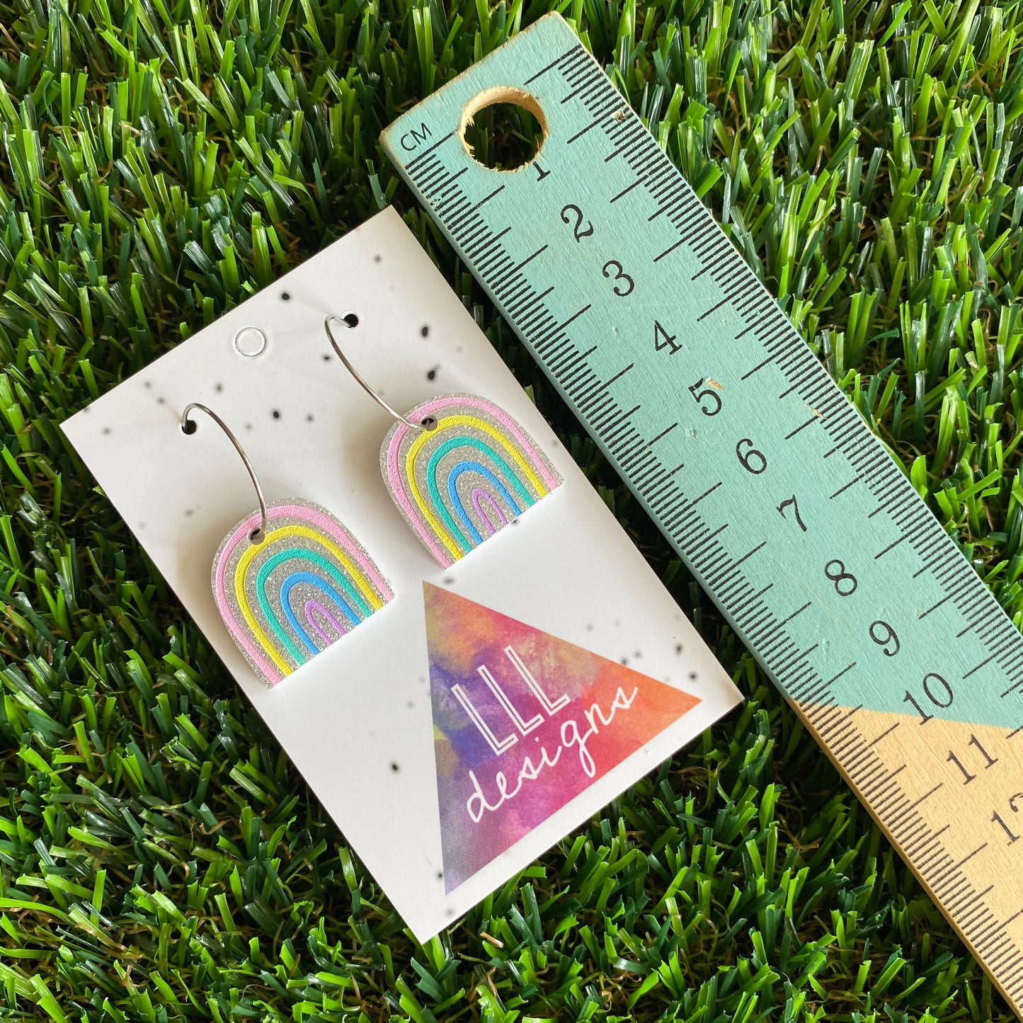 Rainbow Earrings - Glitter Rainbow Hoop Earrings - Adorable Silver Glitter Hand Painted Rainbow Hoop Earrings - In the Pastel Colour Way.