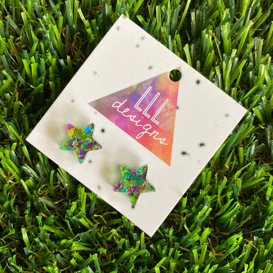 Star Stud Earrings - Green and Purple Holographic Glitz Star Stud Earrings - The Perfect little Pop of colour to brighten your day!