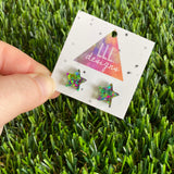 Star Stud Earrings - Green and Purple Holographic Glitz Star Stud Earrings - The Perfect little Pop of colour to brighten your day!