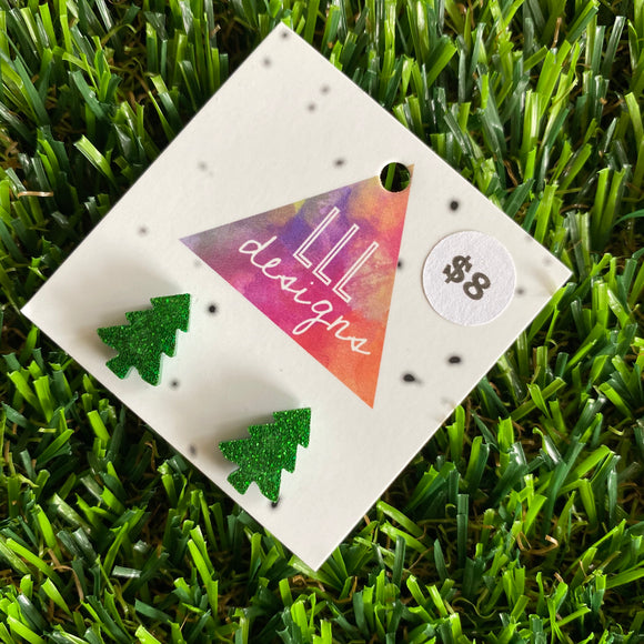 Christmas Tree Earrings - Glitter Green Christmas Tree Stud Earrings.