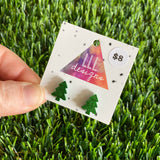 Christmas Tree Earrings - Glitter Green Christmas Tree Stud Earrings.