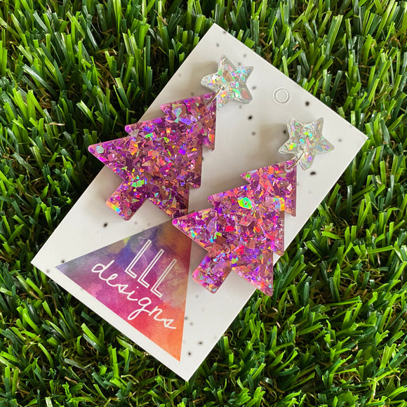Christmas Tree Earrings - Pink and Purple Holographic Glitz Christmas Trees with Silver Holographic Star Tops.