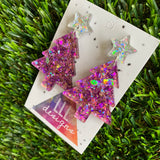Christmas Tree Earrings - Pink and Purple Holographic Glitz Christmas Trees with Silver Holographic Star Tops.