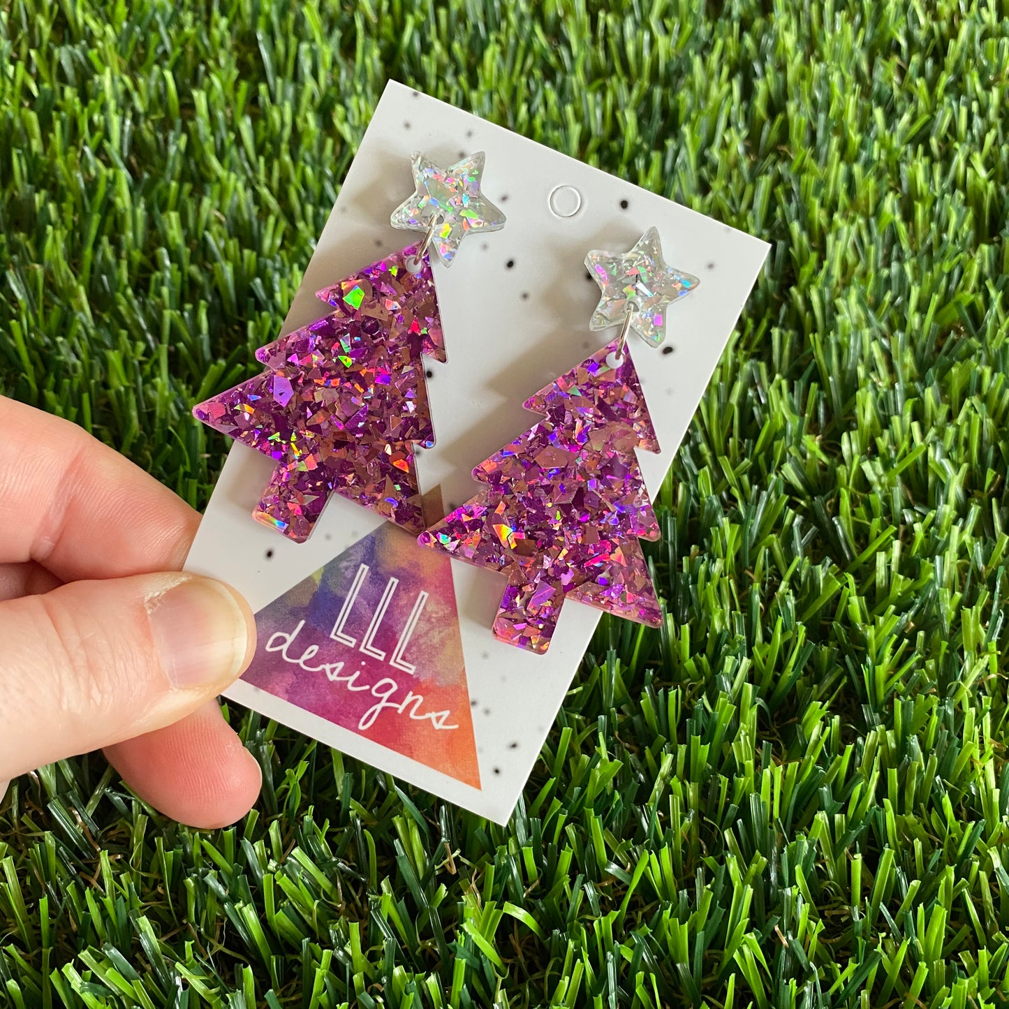Christmas Tree Earrings - Pink and Purple Holographic Glitz Christmas Trees with Silver Holographic Star Tops.