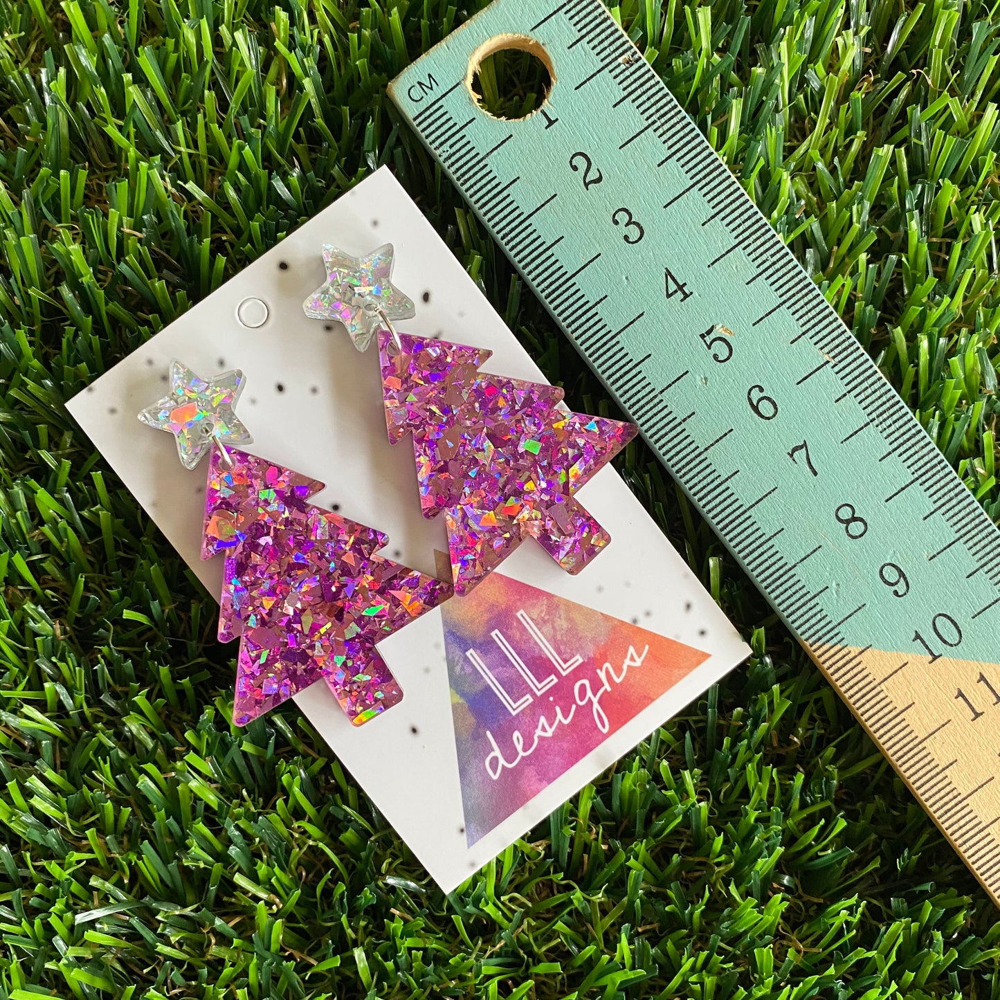 Christmas Tree Earrings - Pink and Purple Holographic Glitz Christmas Trees with Silver Holographic Star Tops.