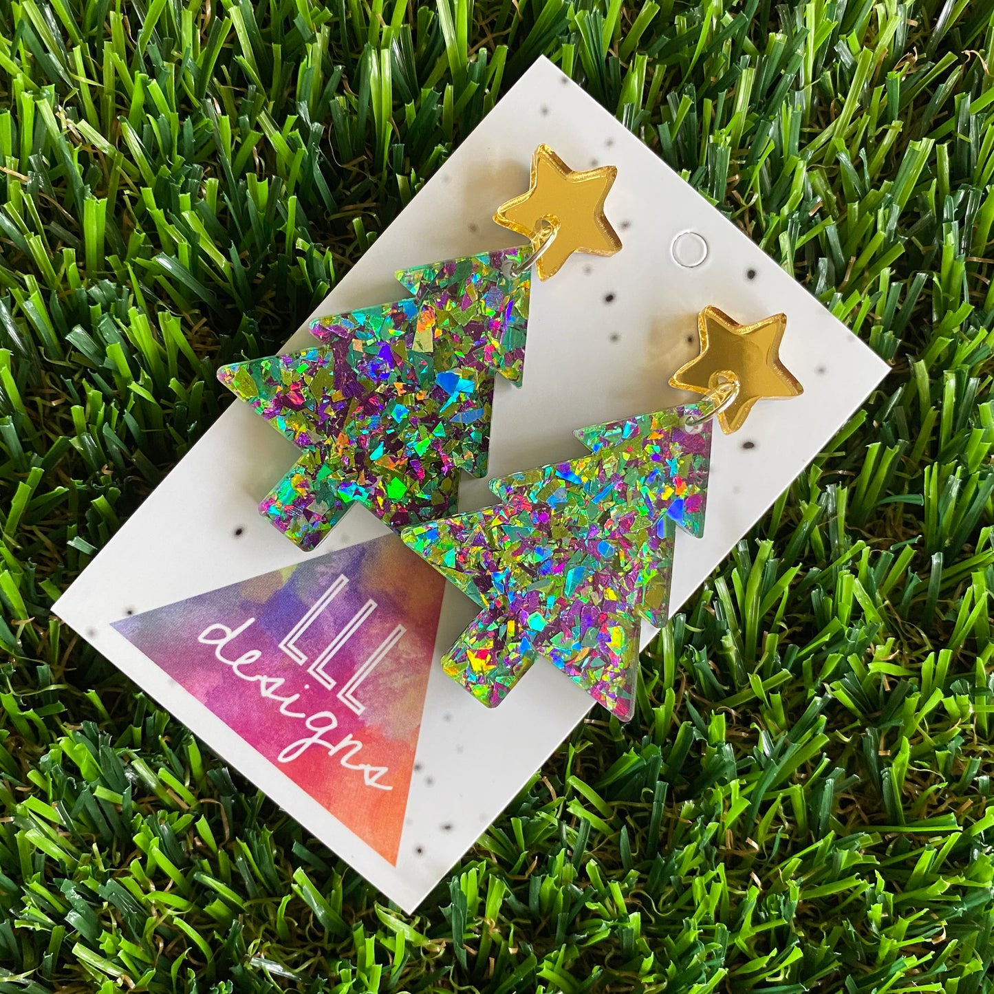 Christmas Tree Earrings - Green and Purple Holographic Glitz Christmas Trees with Gold Mirror Star Tops.