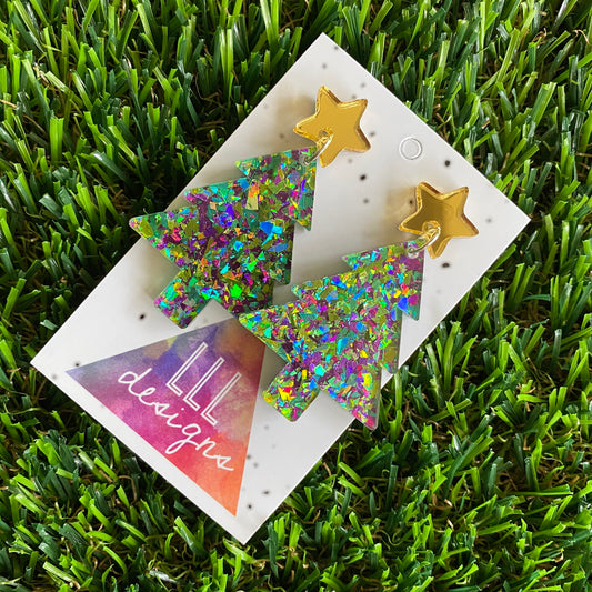 Christmas Tree Earrings - Green and Purple Holographic Glitz Christmas Trees with Gold Mirror Star Tops.