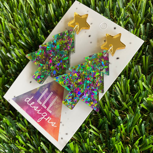 Christmas Tree Earrings - Green and Purple Holographic Glitz Christmas Trees with Gold Mirror Star Tops.