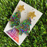 Christmas Tree Earrings - Green and Purple Holographic Glitz Christmas Trees with Gold Mirror Star Tops.
