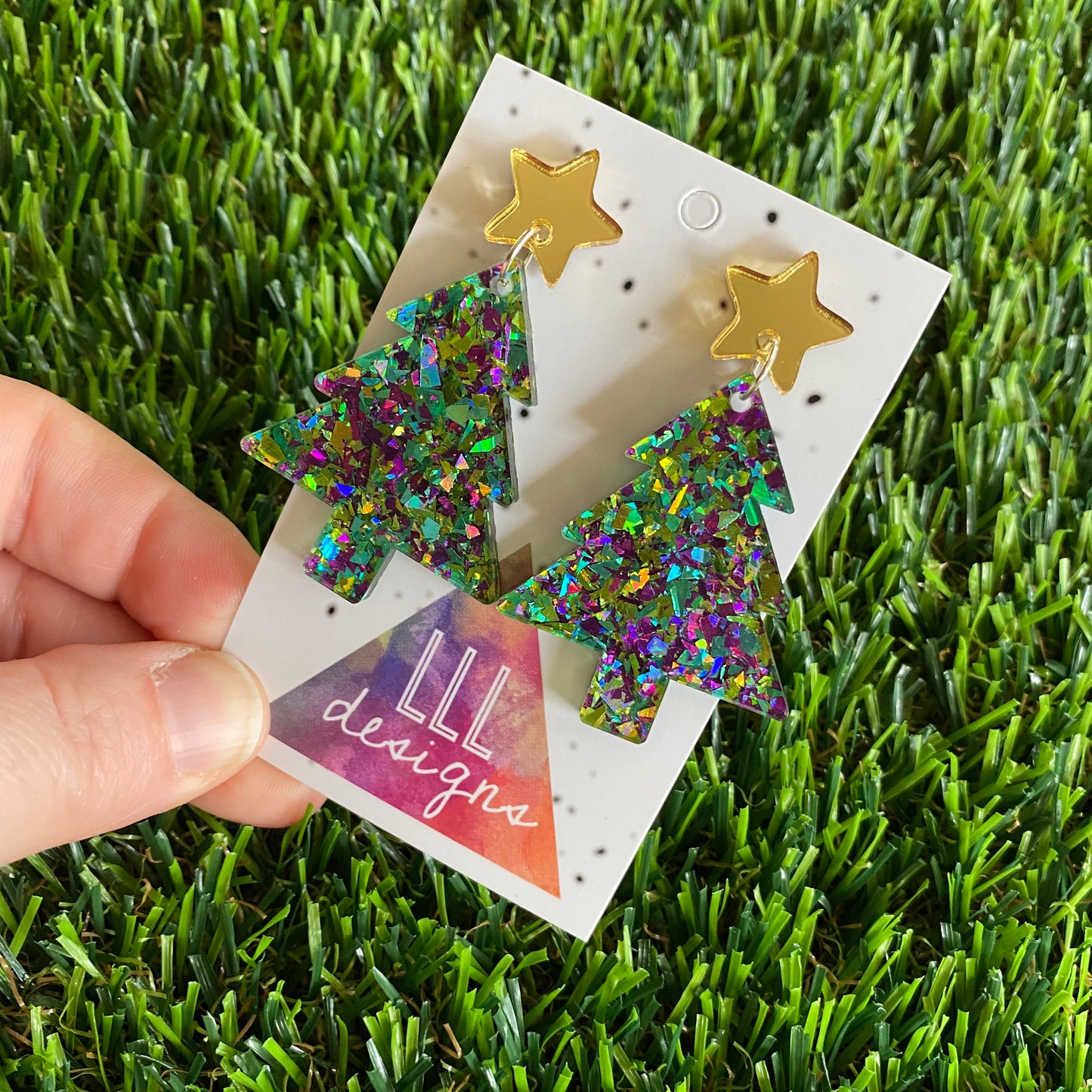 Christmas Tree Earrings - Green and Purple Holographic Glitz Christmas Trees with Gold Mirror Star Tops.