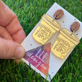 Coffee Earrings - Resting Coffee Face Earrings - Statement Take Away Coffee Cup Dangle Earrings Featuring Copper Glitter Coffee Bean Tops to make them POP!