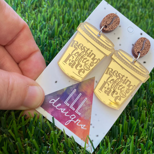 Coffee Earrings - Resting Coffee Face Earrings - Statement Take Away Coffee Cup Dangle Earrings Featuring Copper Glitter Coffee Bean Tops to make them POP!