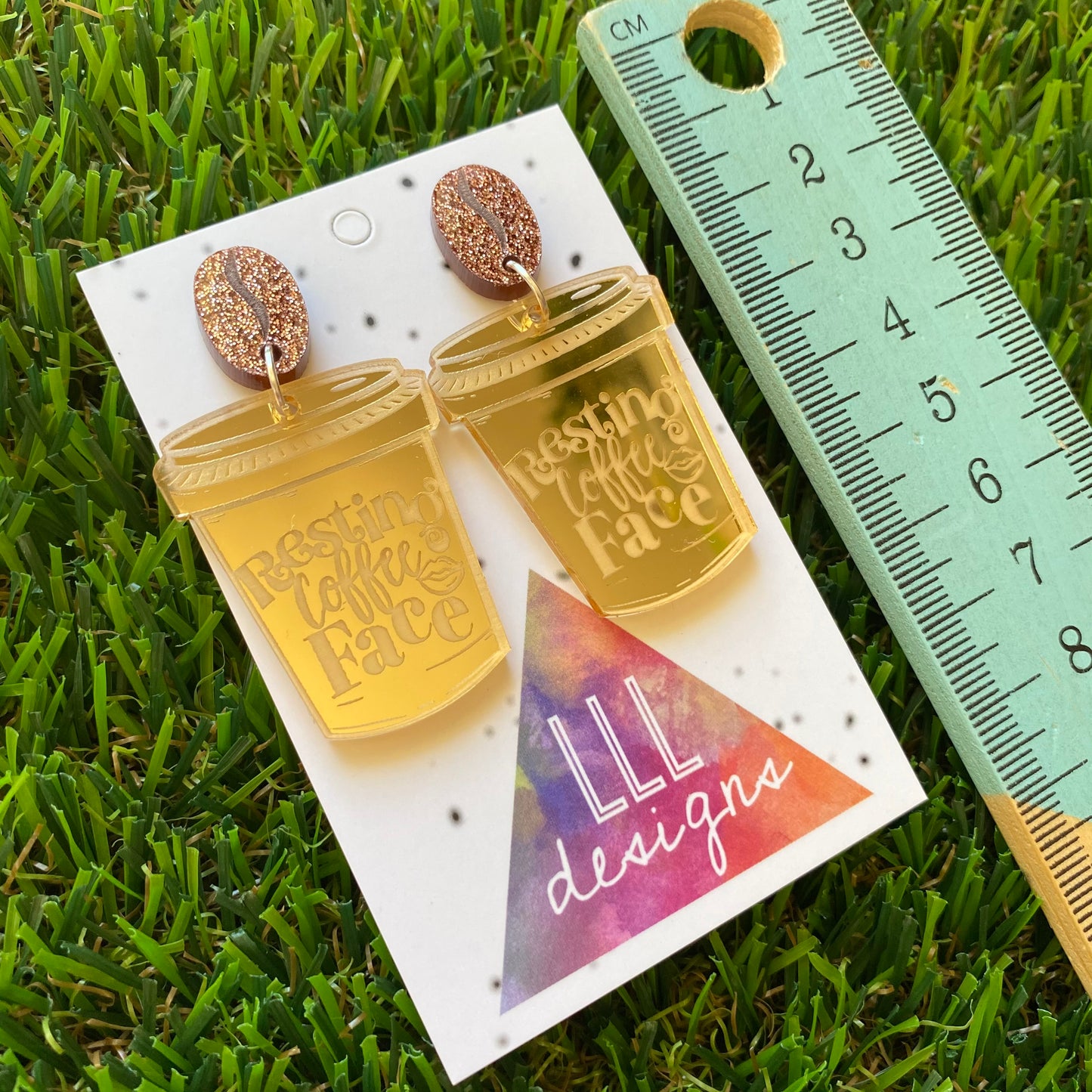 Coffee Earrings - Resting Coffee Face Earrings - Statement Take Away Coffee Cup Dangle Earrings Featuring Copper Glitter Coffee Bean Tops to make them POP!