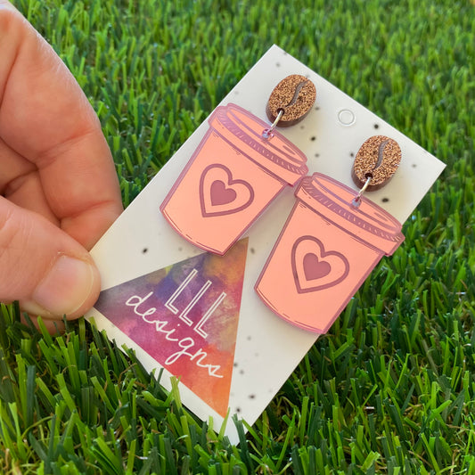 Coffee Earrings - I love Coffee Earrings - Statement Take Away Coffee Cup Dangle Earrings Featuring Copper Glitter Coffee Bean Tops to make them POP!