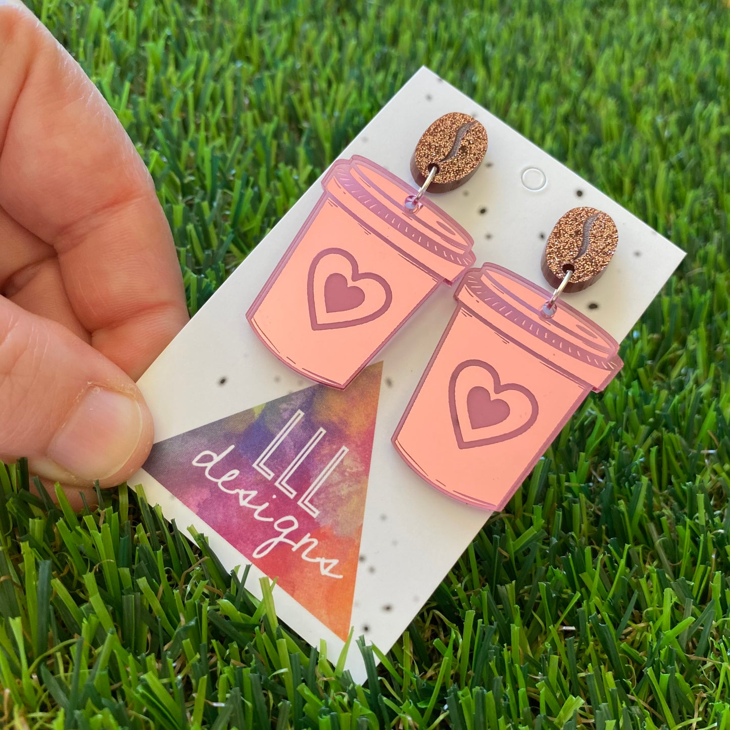 Coffee Earrings - I love Coffee Earrings - Statement Take Away Coffee Cup Dangle Earrings Featuring Copper Glitter Coffee Bean Tops to make them POP!