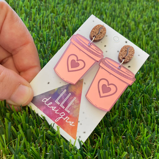 Coffee Earrings - I love Coffee Earrings - Statement Take Away Coffee Cup Dangle Earrings Featuring Copper Glitter Coffee Bean Tops to make them POP!