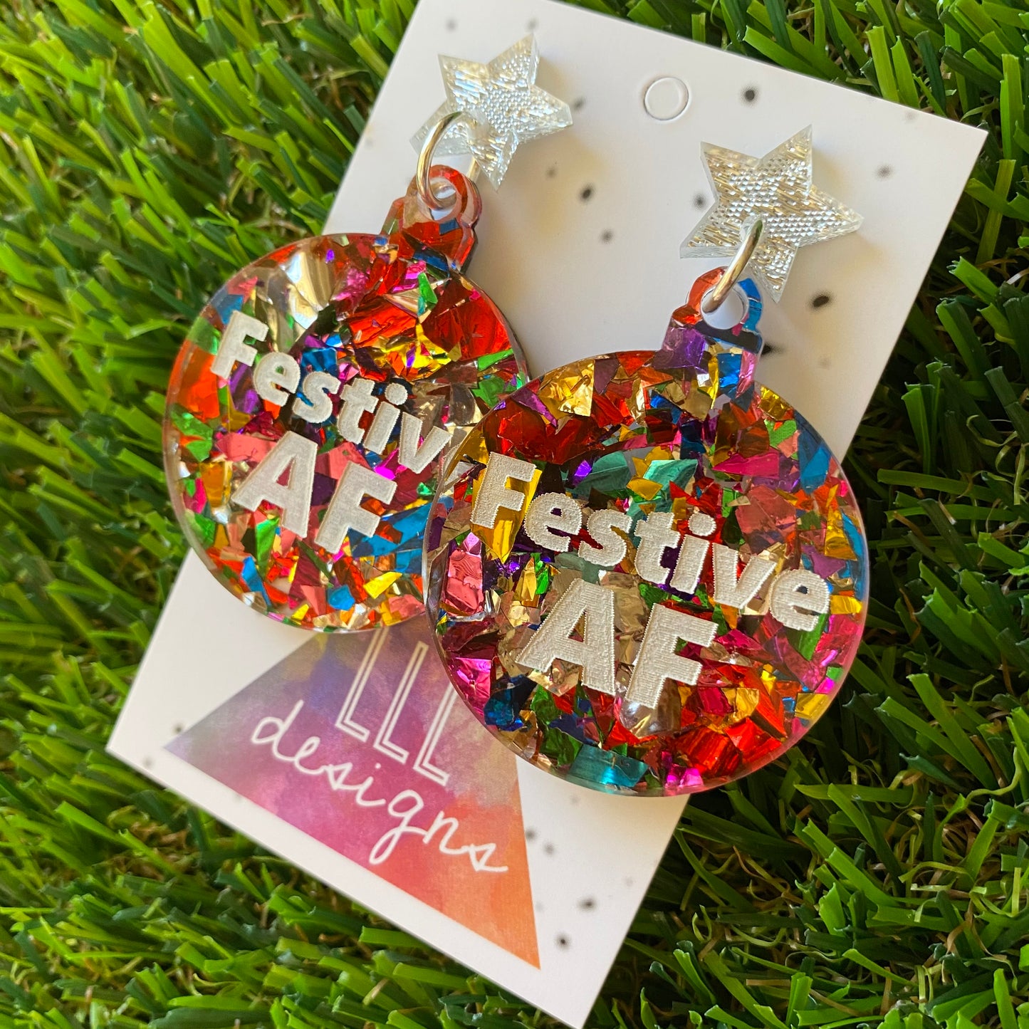 Festive AF Statement Dangle Earrings with Silver Glitz Star Tops.