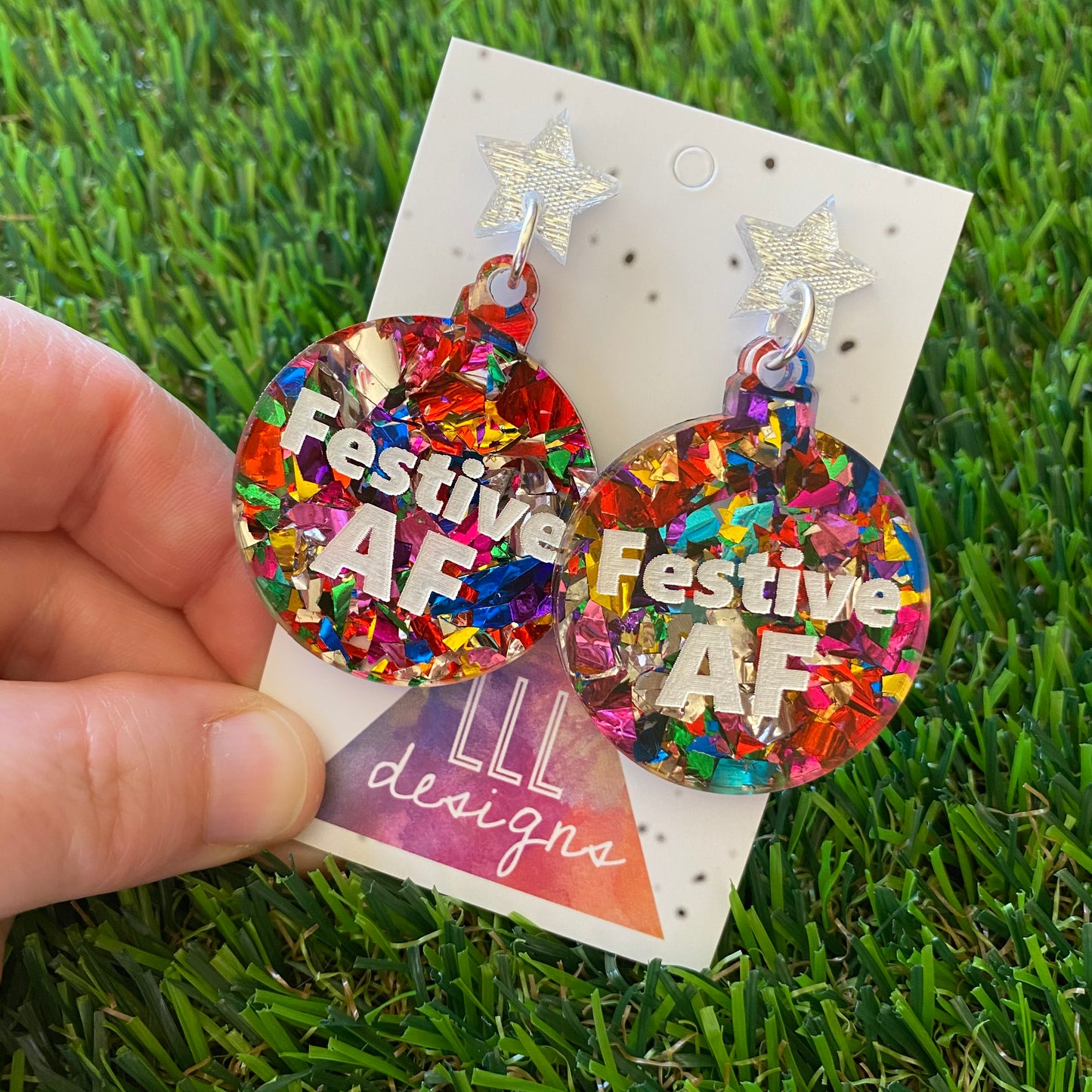 Festive AF Statement Dangle Earrings with Silver Glitz Star Tops.