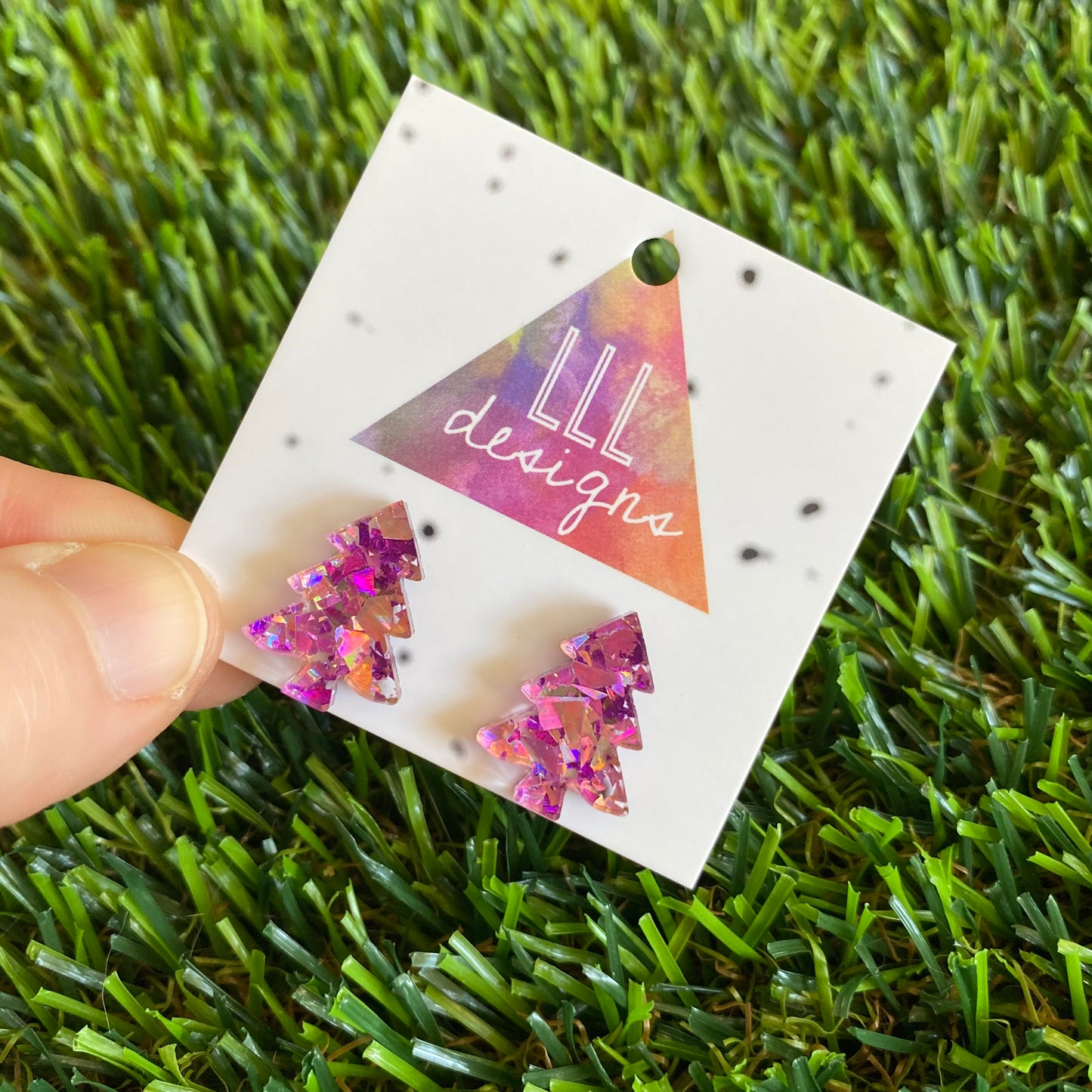 Pink and Purple Metallic Glitz Christmas Tree Statement Stud Earrings (Lge)