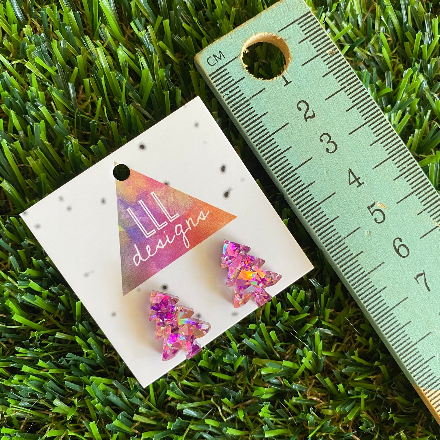 Pink and Purple Metallic Glitz Christmas Tree Statement Stud Earrings (Lge)