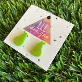 Pear Stud Earrings - Glitter Green Acrylic Pear Stud Earrings - Fruity and Fabulous!