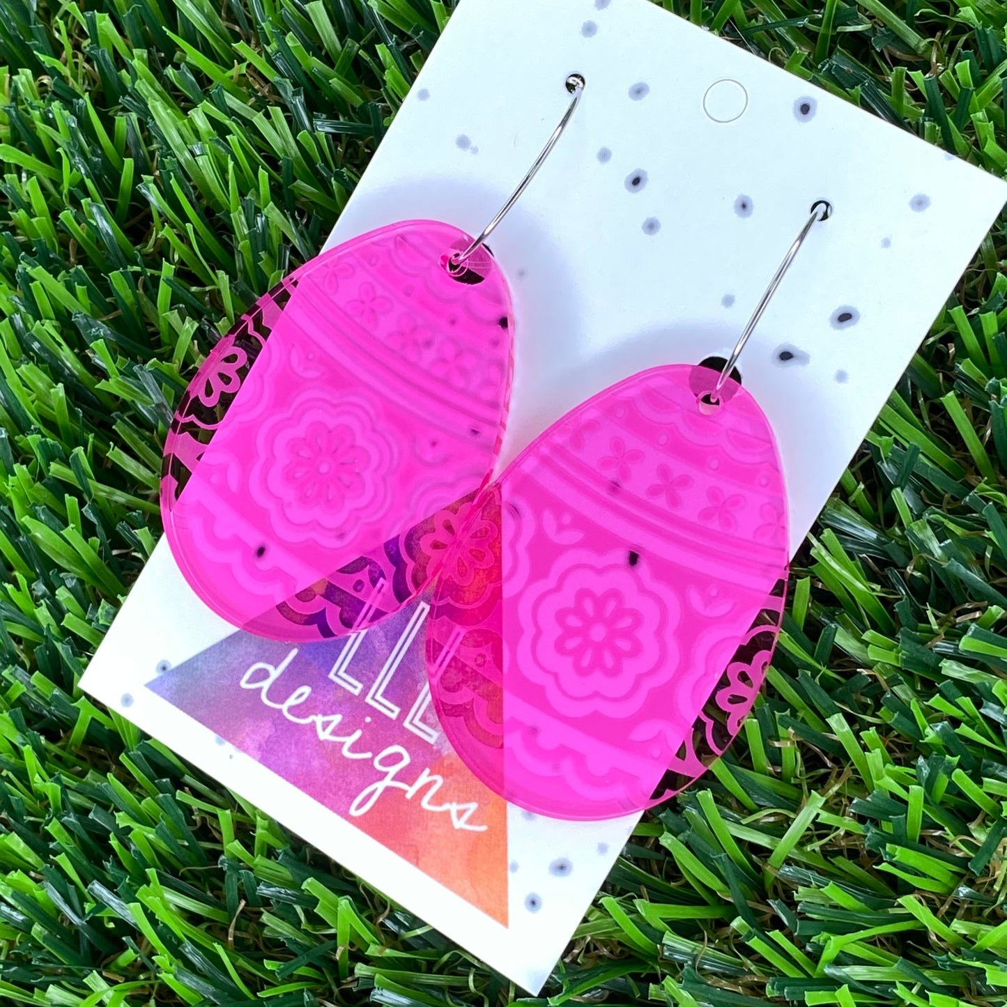 Pink Easter Egg Hoop Dangle Earring - Etched Pink Acrylic Easter Egg Hoops with Super Cute Little Details :)