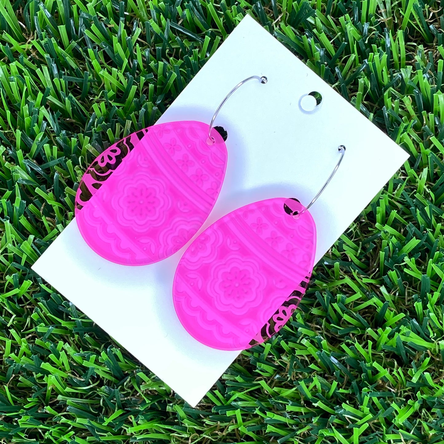 Pink Easter Egg Hoop Dangle Earring - Etched Pink Acrylic Easter Egg Hoops with Super Cute Little Details :)