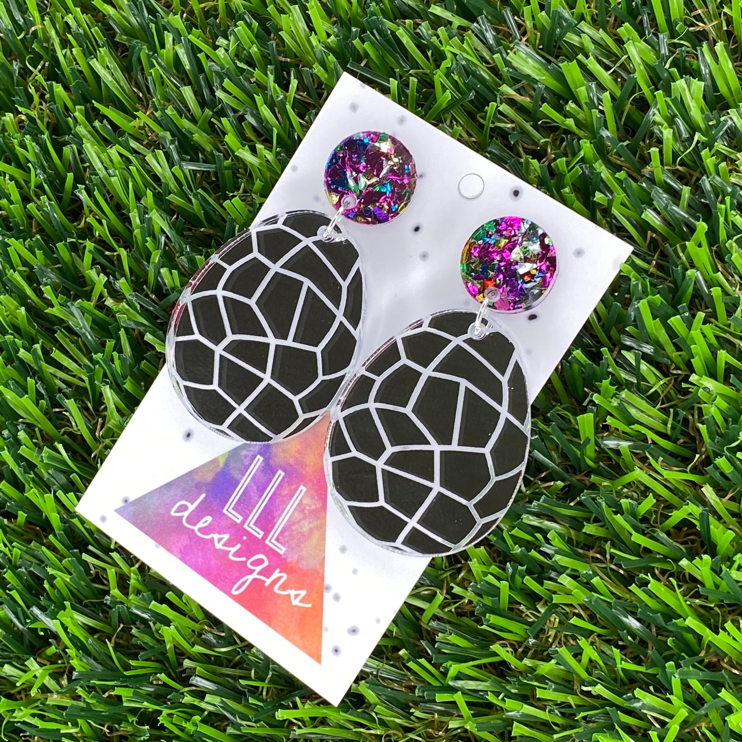 Easter Egg Dangle Earrings - Silver Mirror Easter Egg Earrings with Metallic Rainbow Top to make them POP!