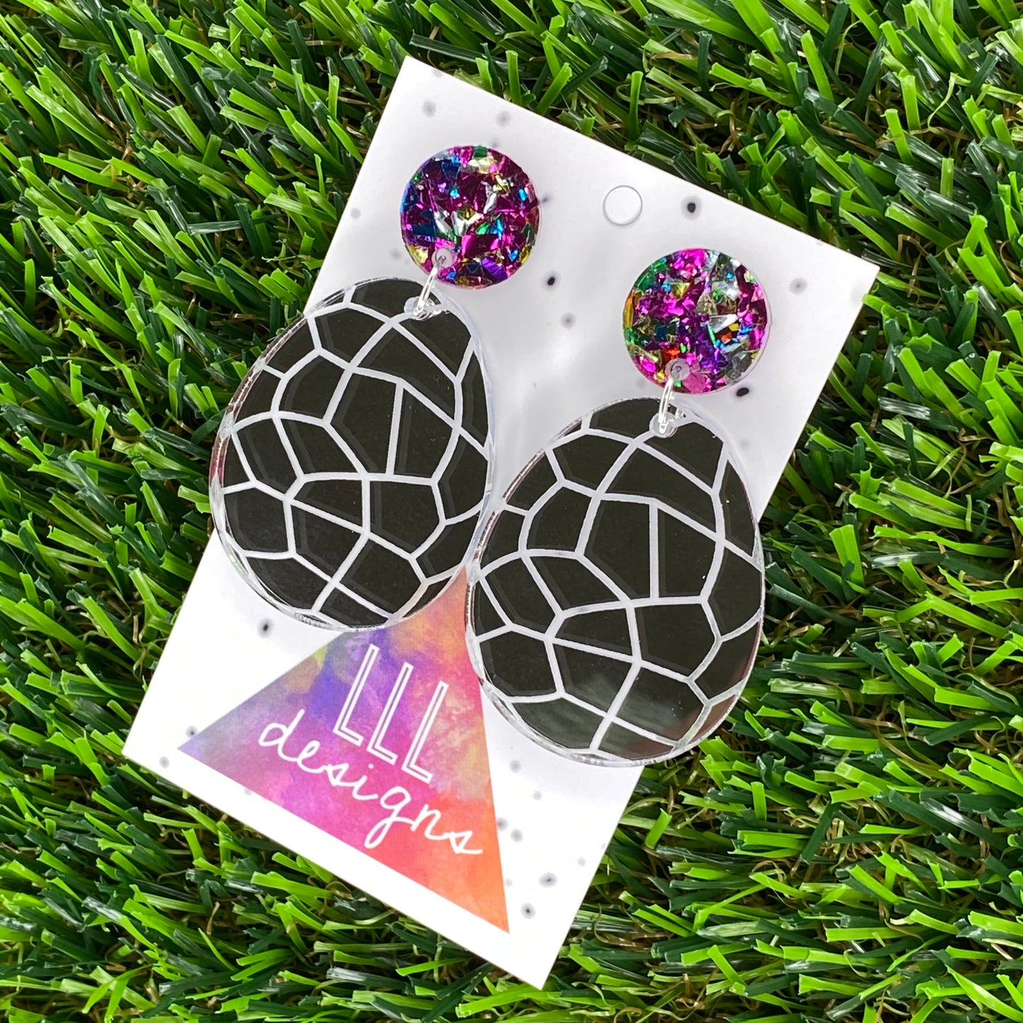 Easter Egg Dangle Earrings - Silver Mirror Easter Egg Earrings with Metallic Rainbow Top to make them POP!