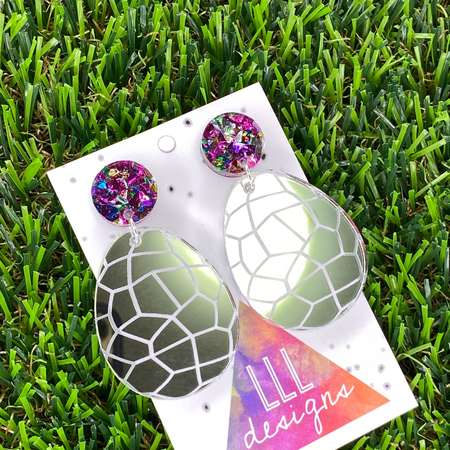 Easter Egg Dangle Earrings - Silver Mirror Easter Egg Earrings with Metallic Rainbow Top to make them POP!
