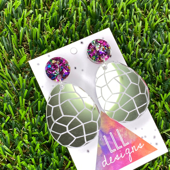 Easter Egg Dangle Earrings - Silver Mirror Easter Egg Earrings with Metallic Rainbow Top to make them POP!