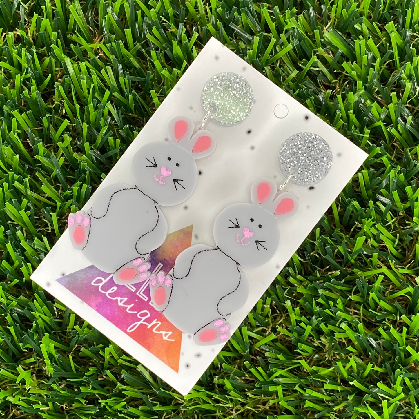 Easter Earrings. Easter Bunny Twins Statement Dangle Earrings. Layered & Hand Painted Acrylic, featuring Silver Glitter Tops.