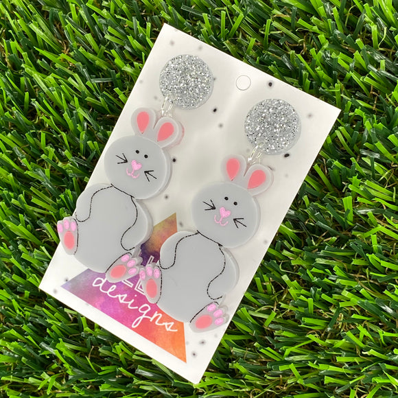 Easter Earrings. Easter Bunny Twins Statement Dangle Earrings. Layered & Hand Painted Acrylic, featuring Silver Glitter Tops.