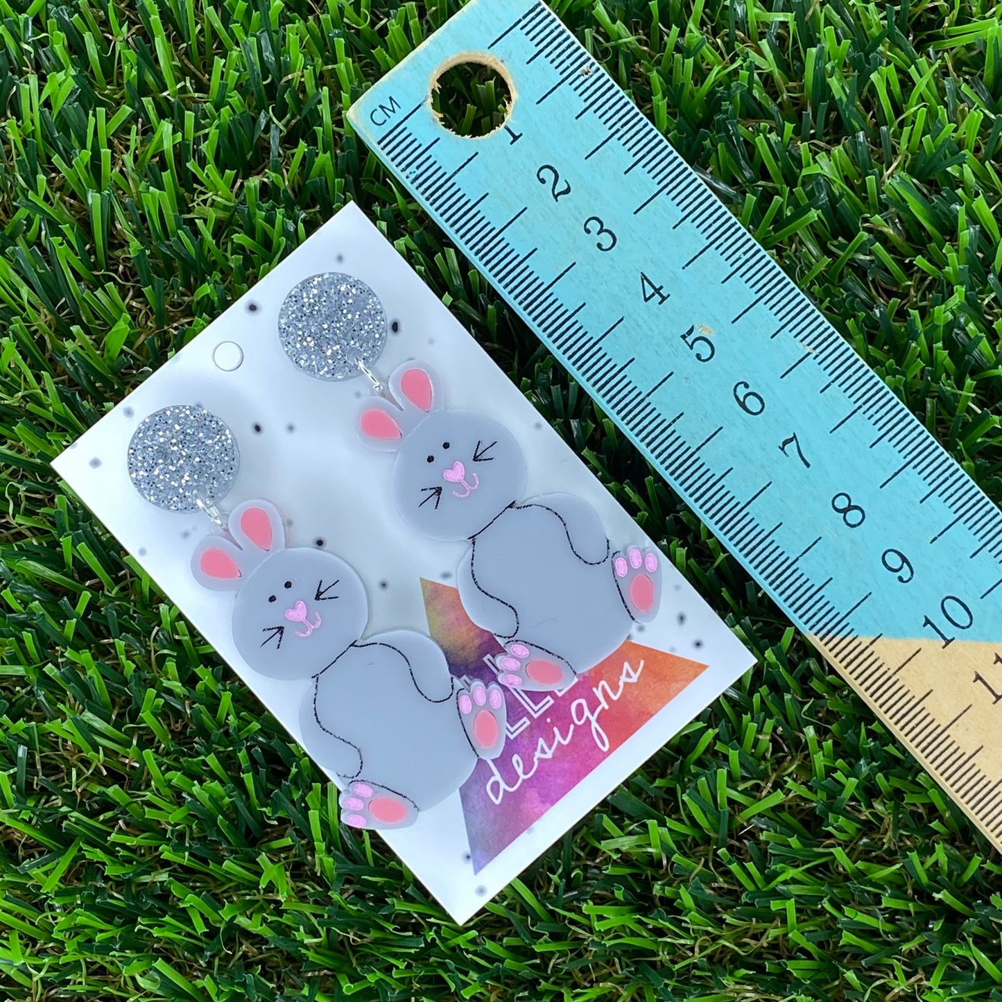 Easter Earrings. Easter Bunny Twins Statement Dangle Earrings. Layered & Hand Painted Acrylic, featuring Silver Glitter Tops.
