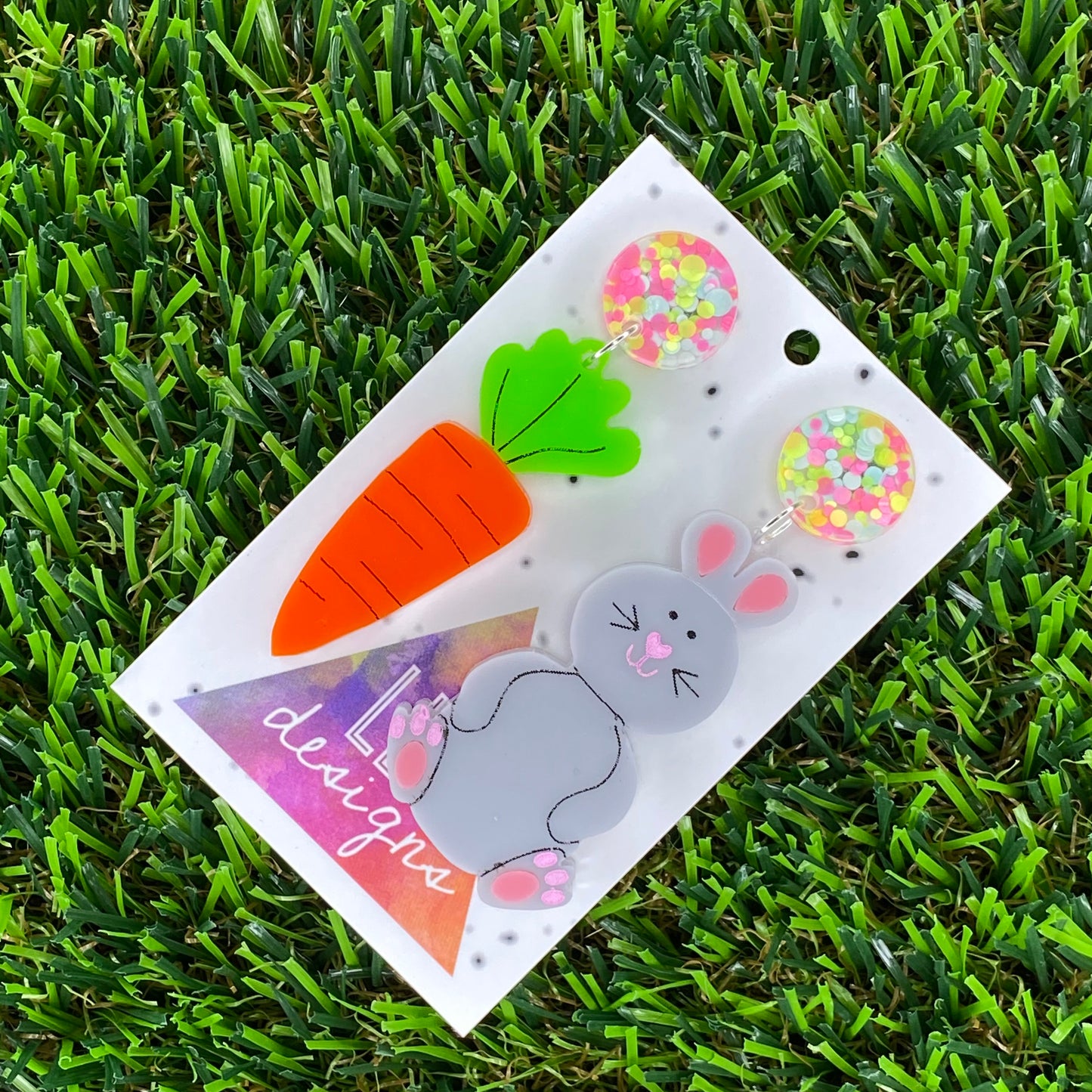Easter Earrings. Easter Bunny & Carrot Statement Dangle Earrings. Layered & Hand Painted Acrylic, featuring Colourful Confetti Tops.