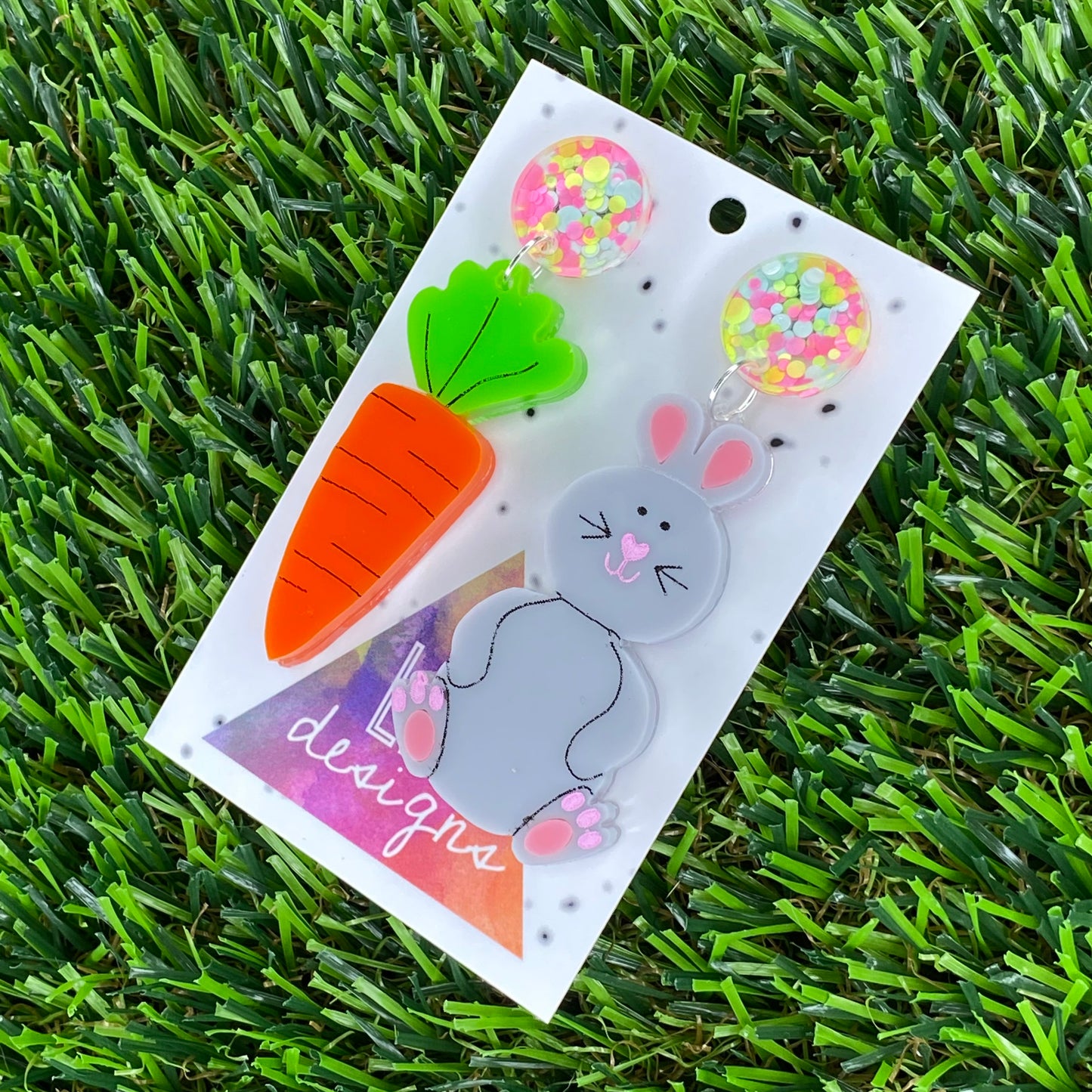 Easter Earrings. Easter Bunny & Carrot Statement Dangle Earrings. Layered & Hand Painted Acrylic, featuring Colourful Confetti Tops.