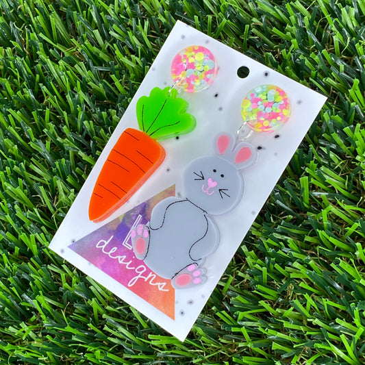 Easter Earrings. Easter Bunny & Carrot Statement Dangle Earrings. Layered & Hand Painted Acrylic, featuring Colourful Confetti Tops.