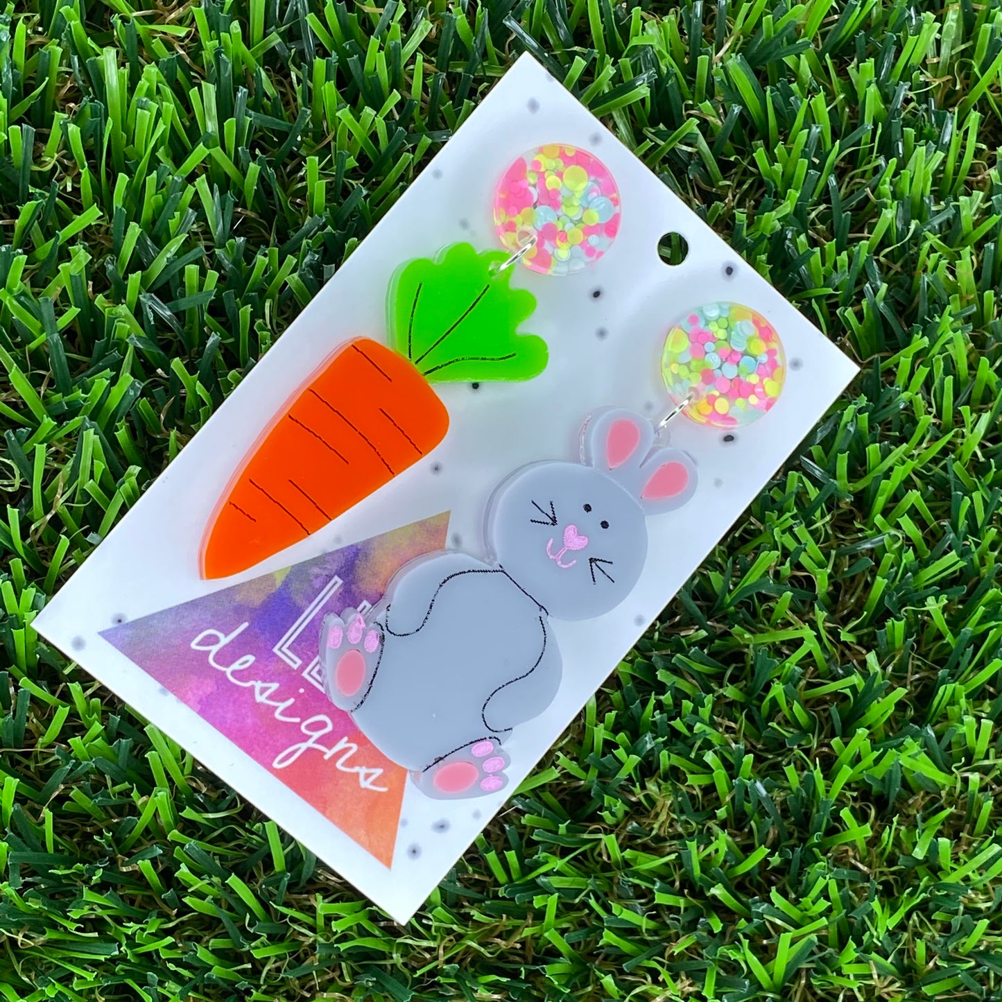 Easter Earrings. Easter Bunny & Carrot Statement Dangle Earrings. Layered & Hand Painted Acrylic, featuring Colourful Confetti Tops.