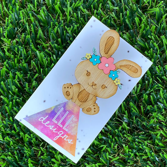 Easter Bunny Brooch with Hand Painted Pastel Flower Crown. Laser Cut & Etched Timber Brooch.