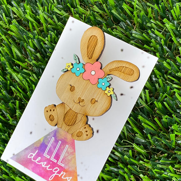 Easter Bunny Brooch with Hand Painted Pastel Flower Crown. Laser Cut & Etched Timber Brooch.
