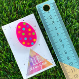 Easter Egg Brooch. Hand Painted Hot Pink Easter Egg Brooch - Featuring Rainbow Polka Dots. Medium Size.