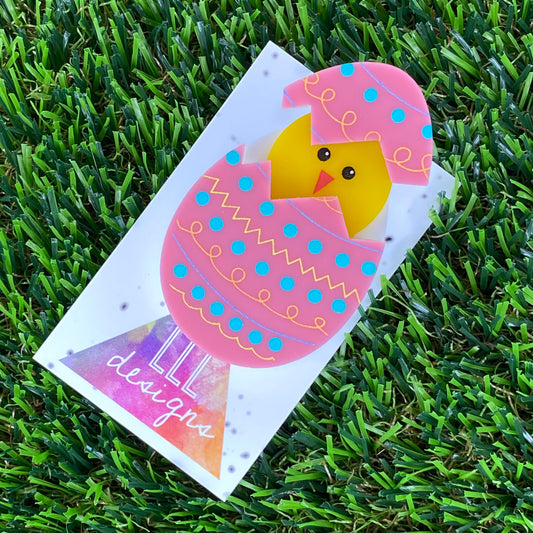 Easter Egg with Chick Pop-Up Brooch - Pink, Detailed Hand Painted Patterned Easter Egg.