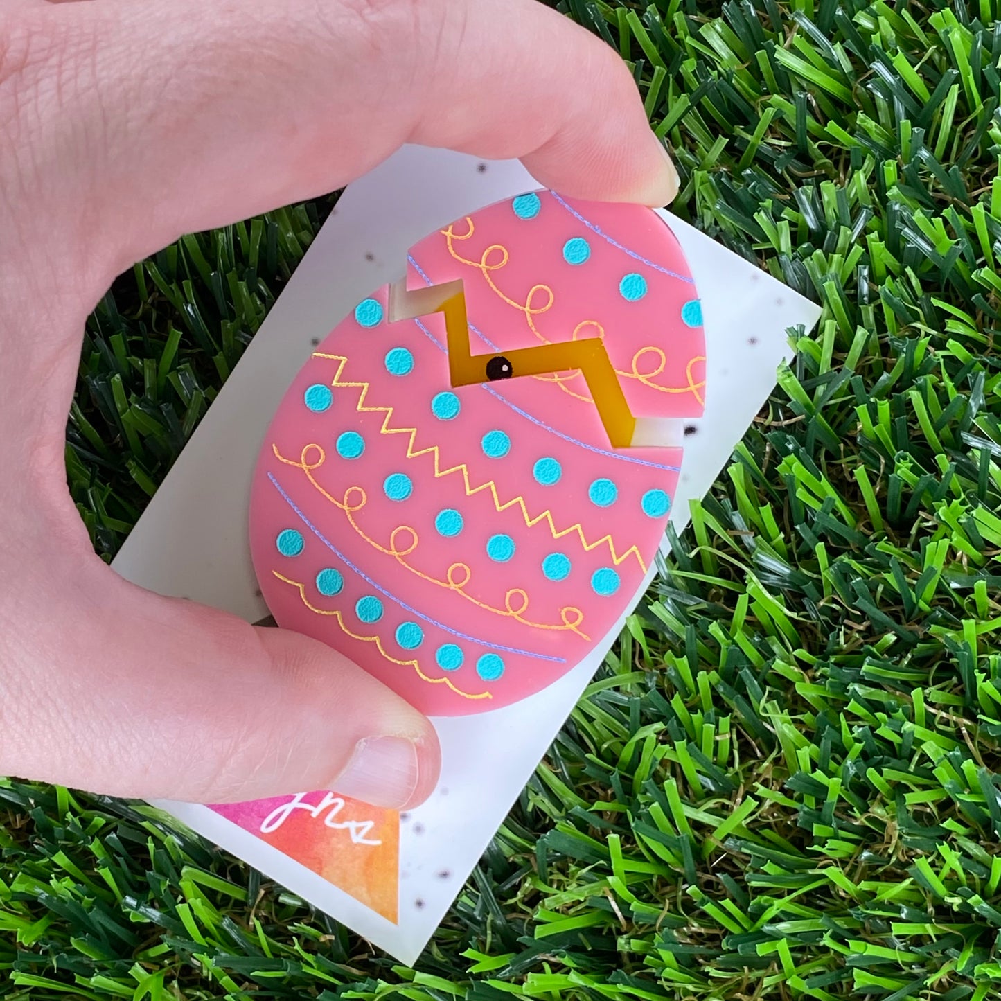Easter Egg with Chick Pop-Up Brooch - Pink, Detailed Hand Painted Patterned Easter Egg.