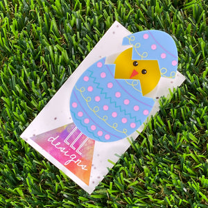 Easter Egg with Chick Pop-Up Brooch - Hand Painted Detailed Patterned Matte Pastel Blue