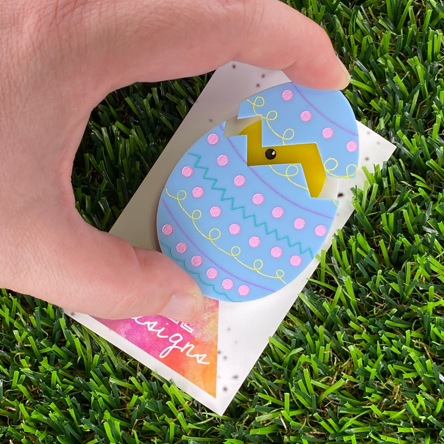 Easter Egg with Chick Pop-Up Brooch - Hand Painted Detailed Patterned Matte Pastel Blue