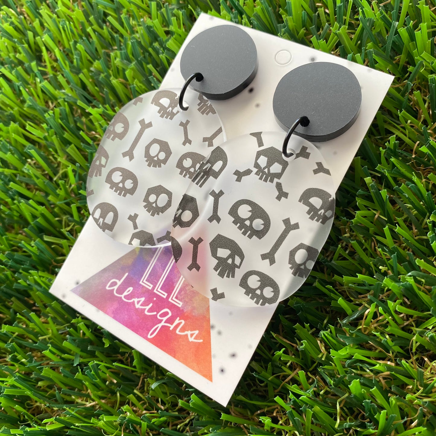Skull & Bones Matte Frosted Pebble Dangle Earrings - Featuring Black Jump Rings.