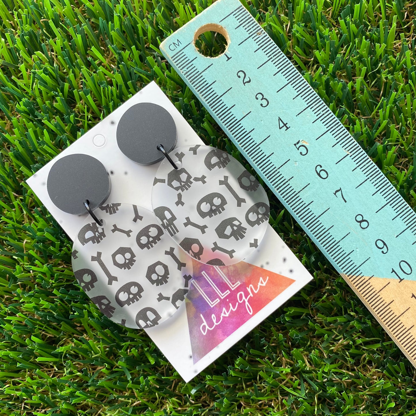 Skull & Bones Matte Frosted Pebble Dangle Earrings - Featuring Black Jump Rings.