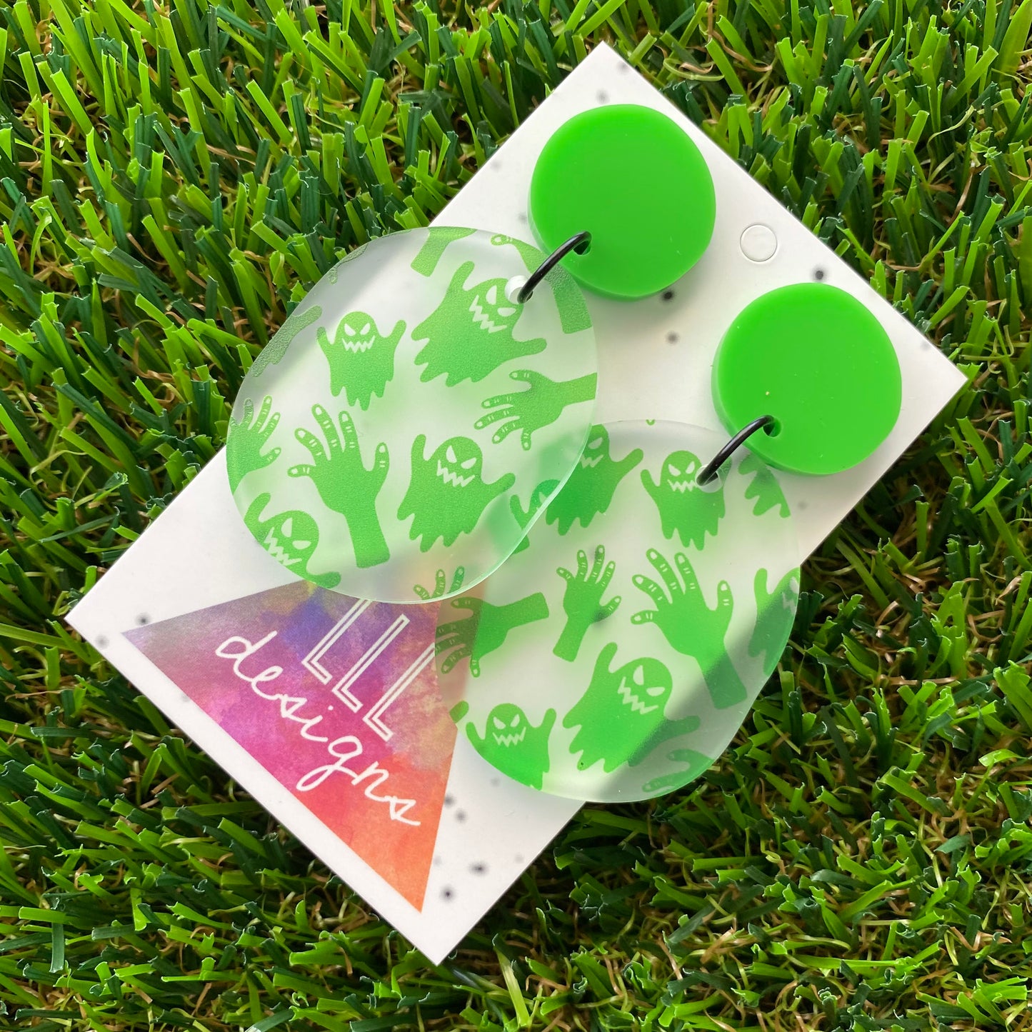 Ghouls & Ghosts Frosted Neon Green Pebble Dangle Earrings - Featuring Black Jump Rings.